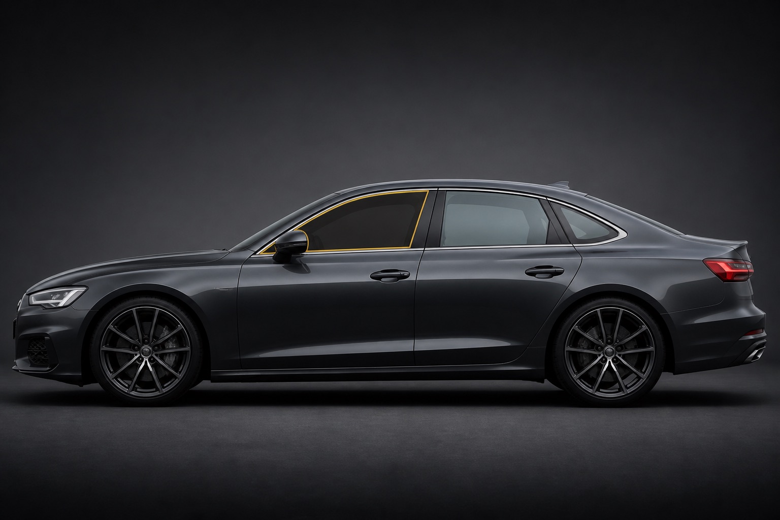 Front side windows tint package on a sedan — tinted areas outlined in gold