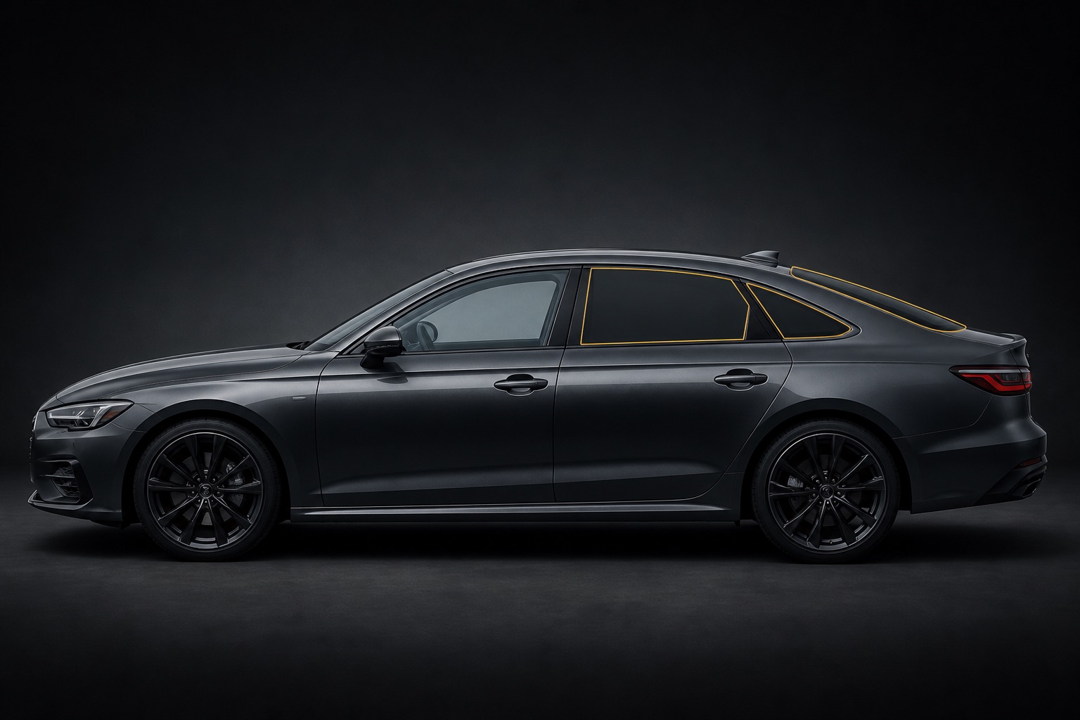 Rear windows tint package on a sedan — tinted areas outlined in gold